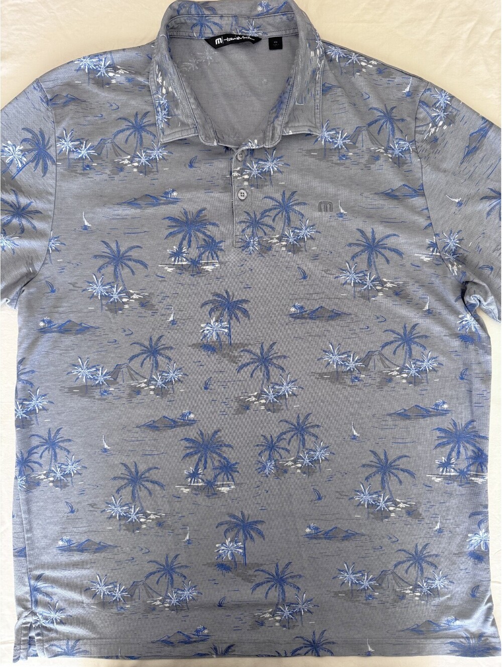 Travis Matthew Short Sleeve Performance Polo 2XL Gray w/ Blue Palm Tree Pattern
